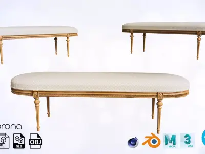Antique Style Oval-End Upholstered Bench 3D model
