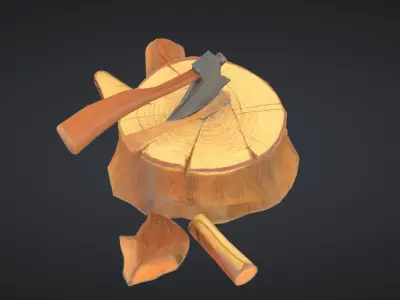 Axe Chopping Wood Stump 3D Model 3D model