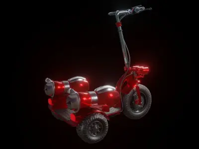 Red tri-wheel electric scooter with turbojet and wing Low-poly 3D model