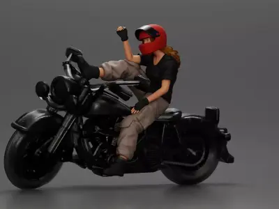 Biker woman in red helmet striking pose on black motorcycle 3D print model
