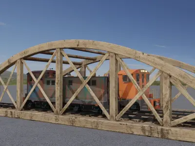Old wooden bridge and locomotive 3D models Low-poly 3D model