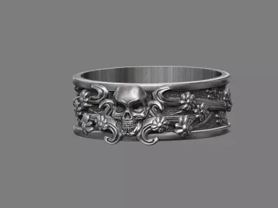 Gothic floral skull band ring  3D print model