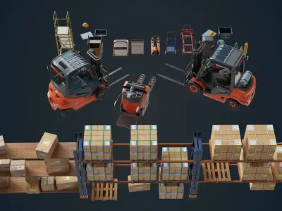 Cargo Pallets and Forklift Trucks Collection All PBR Textures 3D Model Pack