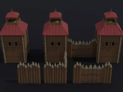 Lowpoly Cartoon wooden fortification Polygonal Style Free 3D model