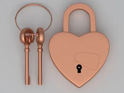 Vintage Love Heart PADLOCK With SKELETON Keys Copper 3D model