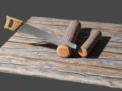 Handsaw and Wood Logs Low-poly 3D model