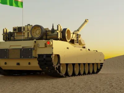 Abrams tank in desert with flag Low-poly 3D model
