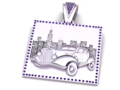Vintage Classic Car Cityscape Pendant with Emerald Frame 3D print model