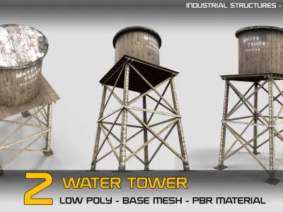 2 Water Towers with PBR material Low-poly 3D model