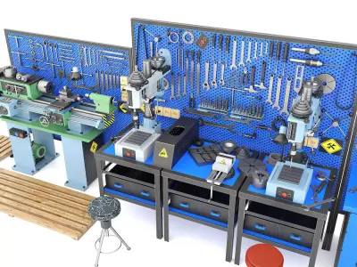 Industrial workbench garage tools and TV4 lathe drilling machine 3D model
