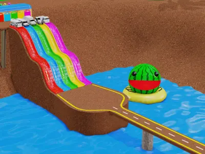 Vehicles Fall in The Pacman Color pool 3D model