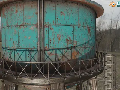 Old Rusty Water Tank Tower - Blue and Rust Low-poly 3D model