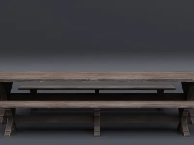 Medieval Table with Bench Low-poly 3D model