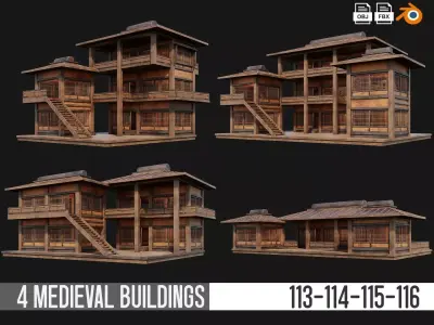 4 Old Japanese  Building Pack 4K Textures GameReady 113 to 116 Low-poly 3D model