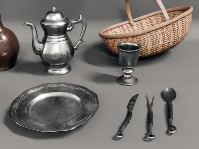 medieval kitchen and dining tools - asset pack 3D model