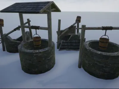Lowpoly Medieval Wells Low-poly 3D model