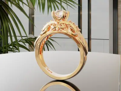 Edwardian era styled gold and diamonds engagement ring Camellia 3D print model