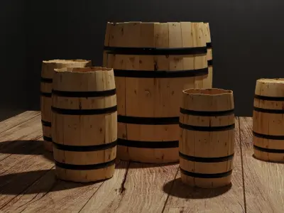 Multiple Wooden Barrels Low-poly 3D model