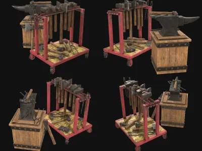 Anvil with Ironwork Tools and Rack Set 1 3D Model Pack