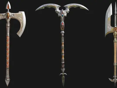 3 Medieval Battle Axes All PBR Unity UE Textures Included 3D Model Pack