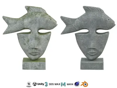 Fish face stone statues Low-poly 3D model