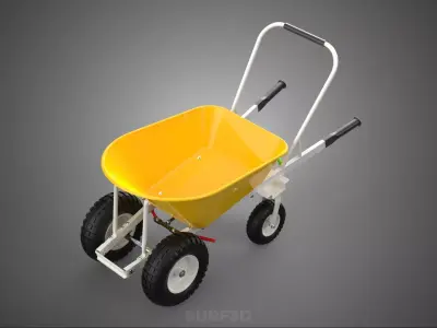 YELLOW FOUR CASTER WHEELED GARDEN CART WHEELBARROW HANDBRAKE TIP 3D model