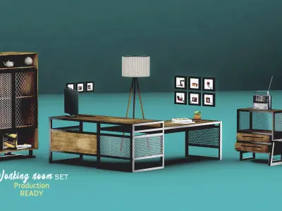 Interior working room set industrial design Low-poly 3D model
