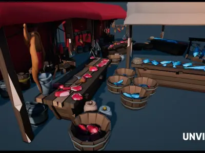 Butchery and FishShop Kitbashing Low-poly 3D model