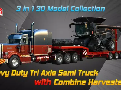 57P Heavy Duty 3-Axle Semi Truck with Combine Harvester  3 in 1 3D Model Pack