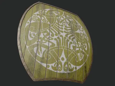 Slavic hybrid shield-painted yellow with nordic symbol Low-poly 3D model
