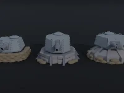 Cartoon Dieselpunk  gun turrets Polygonal Style Low-poly 3D model