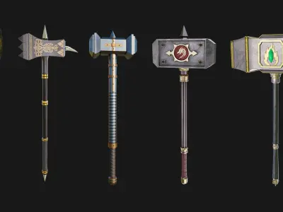 5 Battle Hammers Collection All PBR Unity UE Textures Included 3D Model Pack