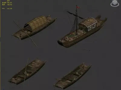 4 wooden boats plank boats small boats ancient fishing boats 3D model
