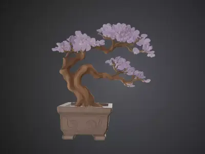 Japanese Zen Bonsai Tree with Purple Flowers Botanical Designs  Low-poly 3D model