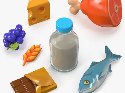 Cartoon Food Assortment with Meat Fish and Dairy 3D model