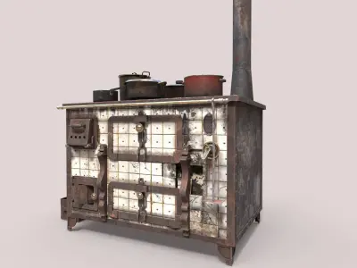 Old Stove With Pots 3D model