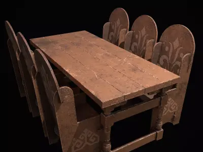 Elegant Long Table and High Chairs  3D Model Pack