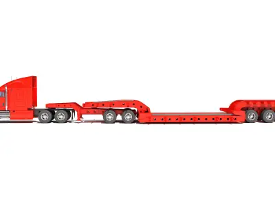Semi Truck with Lowboy Trailer 3D model 7