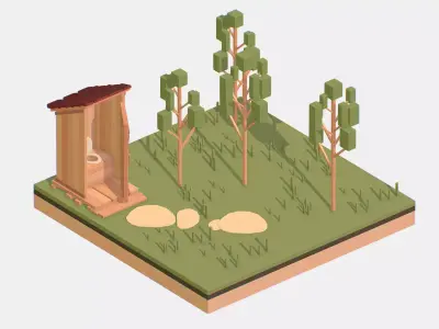 Isometric Village Wood WC street Toilet Low-poly 3D model
