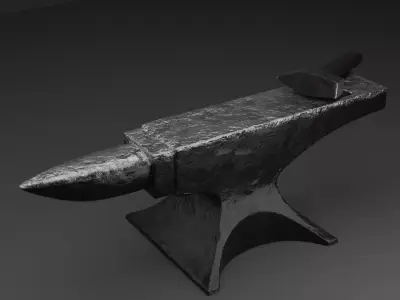 Blacksmith anvil with hammer in low-poly 3D model