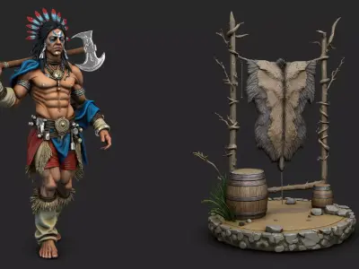 Native amerian warrior with axe with wooden bracket 3D model