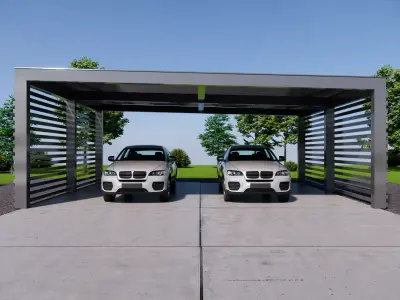 Flat Roof Double Car Carport Steel Frame Shelter Low-poly 3D model