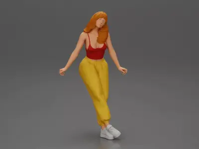 Woman sitting on car in red top yellow pants striking playful 3D print model