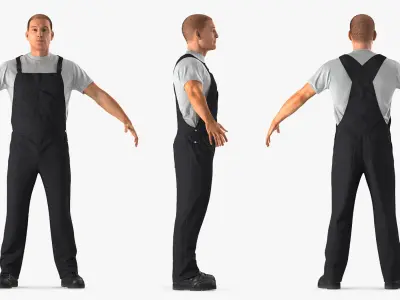 Worker Wearing Black Overalls Suit Rigged for Cinema 4D 3D model