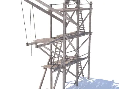 Old wooden scaffolding with handle crane 3D model