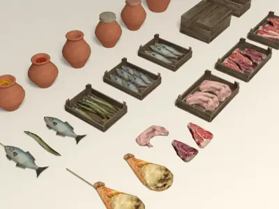 Medieval street markets props collection Low-poly 3D model