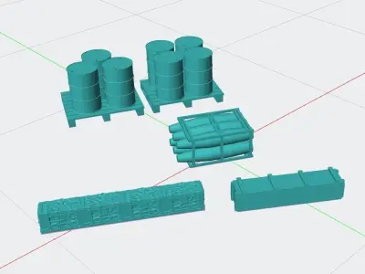 Supply Ammunition crates and metal drums with pallet 3D print model