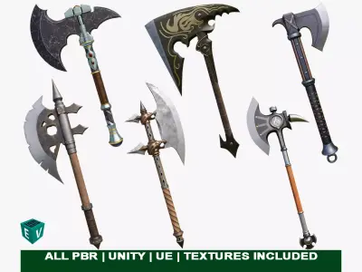 6 Battle Axes Collection All PBR Unity UE Textures Included 3D Model Pack