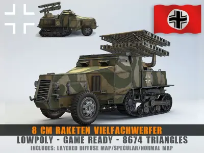 Low Poly 8 cm Raketen Vielfachwerfer auf Fahrgestell Zgkw S303 f Low-poly 3D model