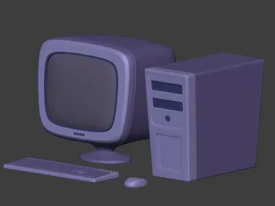 Cartoon Old Computer Desktop - PC Monitor Screen Keyboard Mouse Low-poly 3D model
